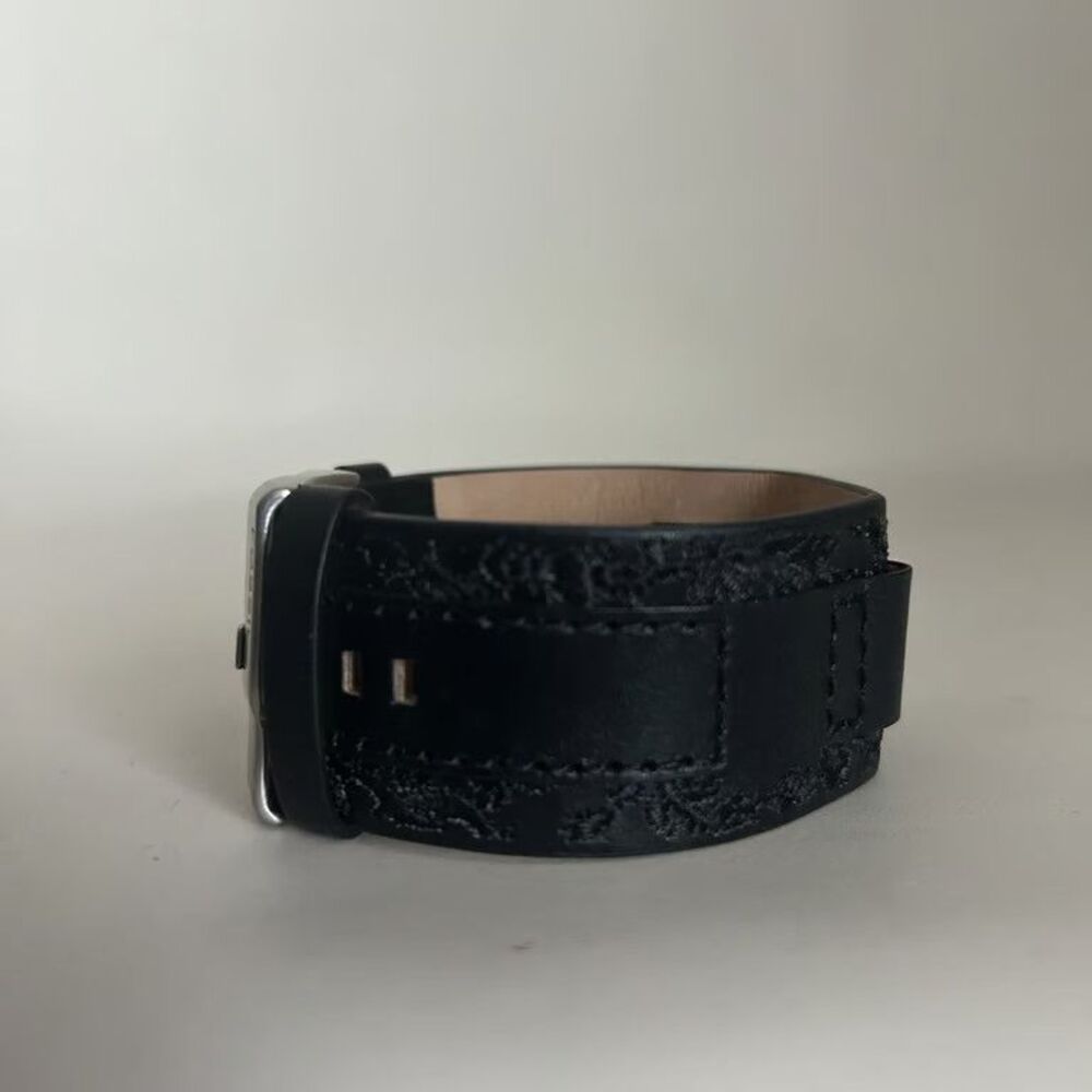 Fossil JR-9881 Watch Strap Band Genuine Leather Black Tooled Cuff Pre-Owned